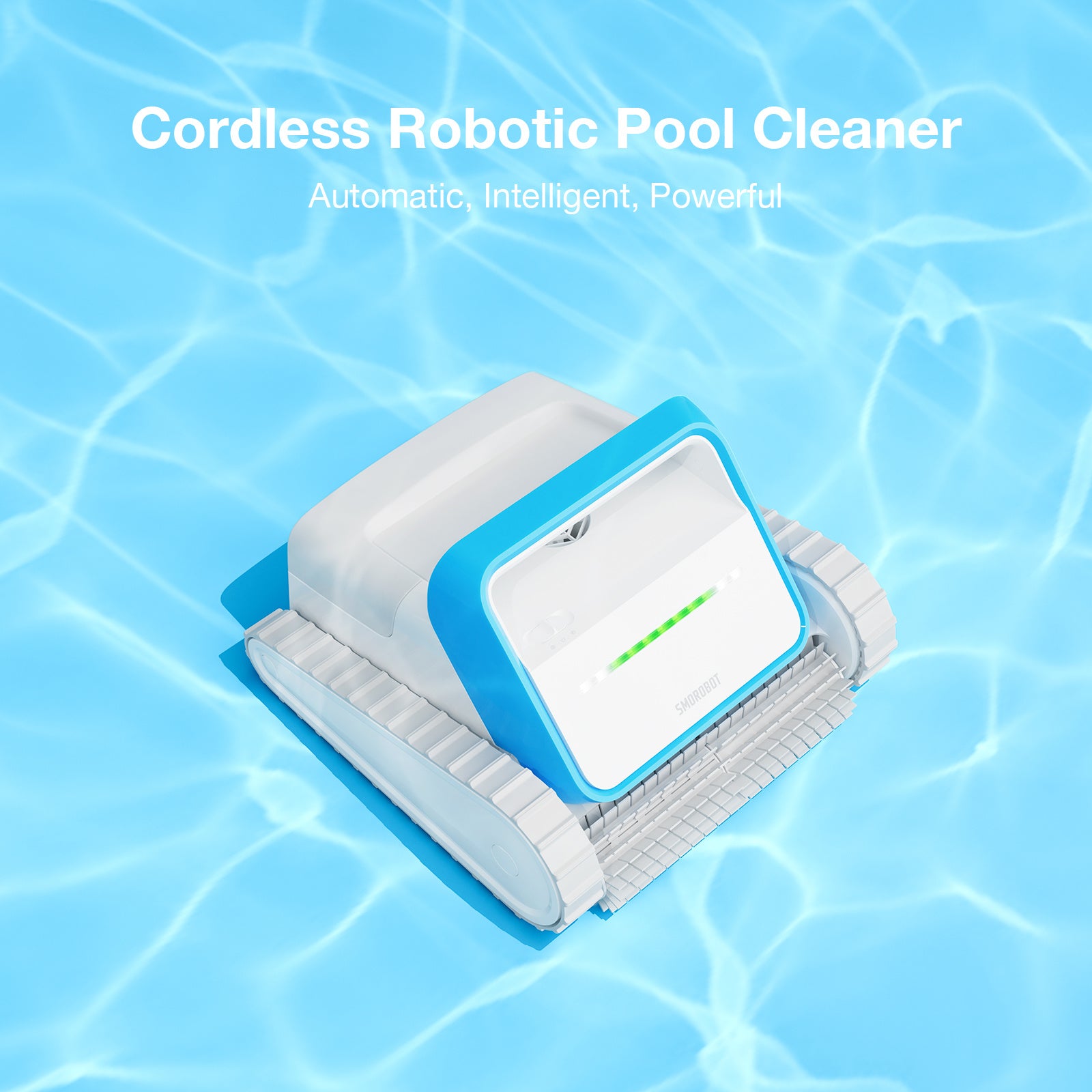 A compact, blue-and-white robotic pool cleaner with tank-like treads and a brush roller on its underside. The brand name "SMOROBOT Cordless Robotic Pool Cleaner – Automatic Wall Climbing Pool Vacuum Cleaner, Smart Navigation, Self-Parking, Lasts 150 Mins with 130W Suction Power, Ideal for In-Ground Pools up to 2500 ft²" is printed on its front. This wall climbing robot ensures every inch of your pool is spotless.