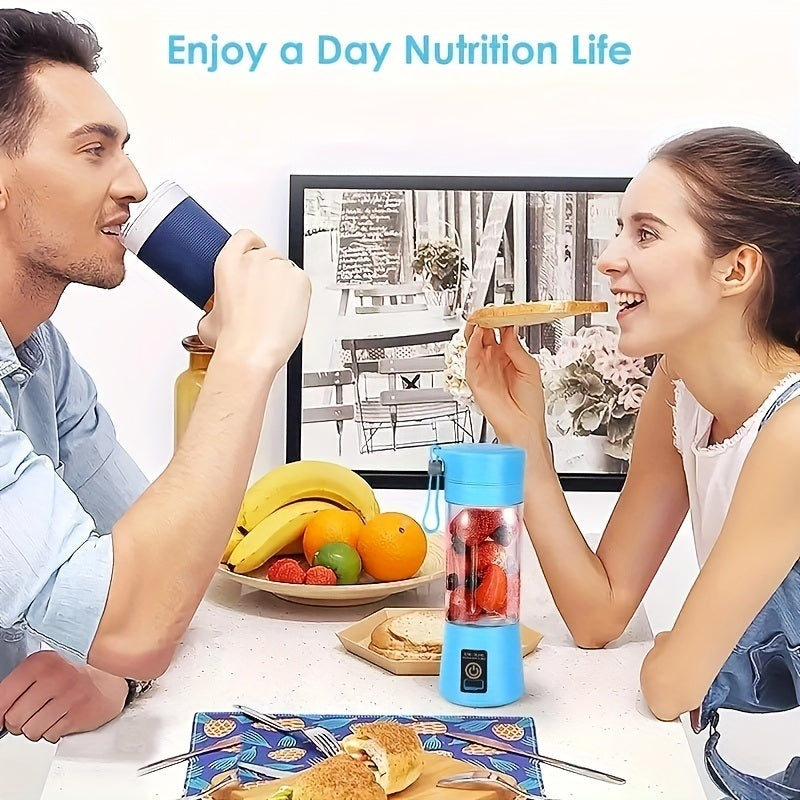 A small size, portable blue 1pc Portable 6 Blades In 3D Juicer Cup, Updated Version Rechargeable Juice Blender Secure Switch Electric Fruit Mixer For Superb Mixing, USB Rechargeable with a cord attached to it.