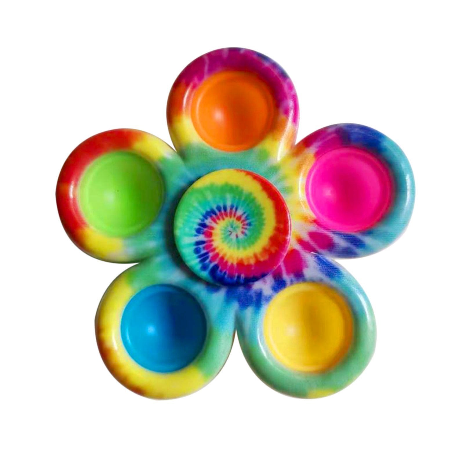 Set of vibrant Floral Bubble Push Pop Fidget Spinning Toys in multiple designs, with a hand pressing one bubble on a spinner.