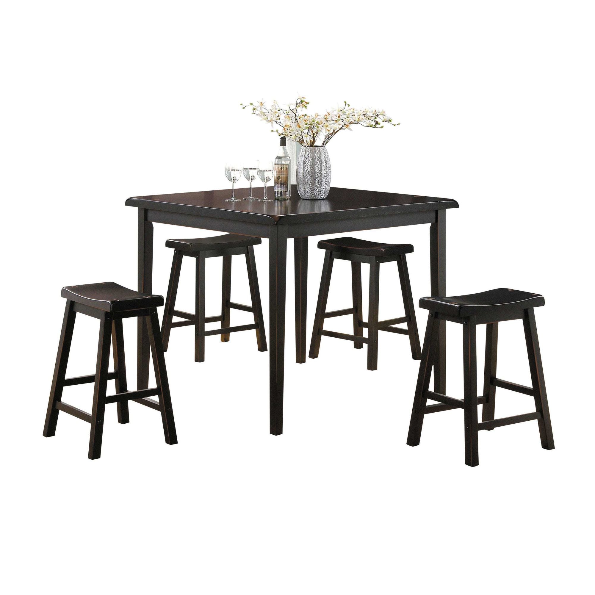 A Gaucho Counter Height Set (5Pc Pk) in Black with four stools and a bottle of wine.