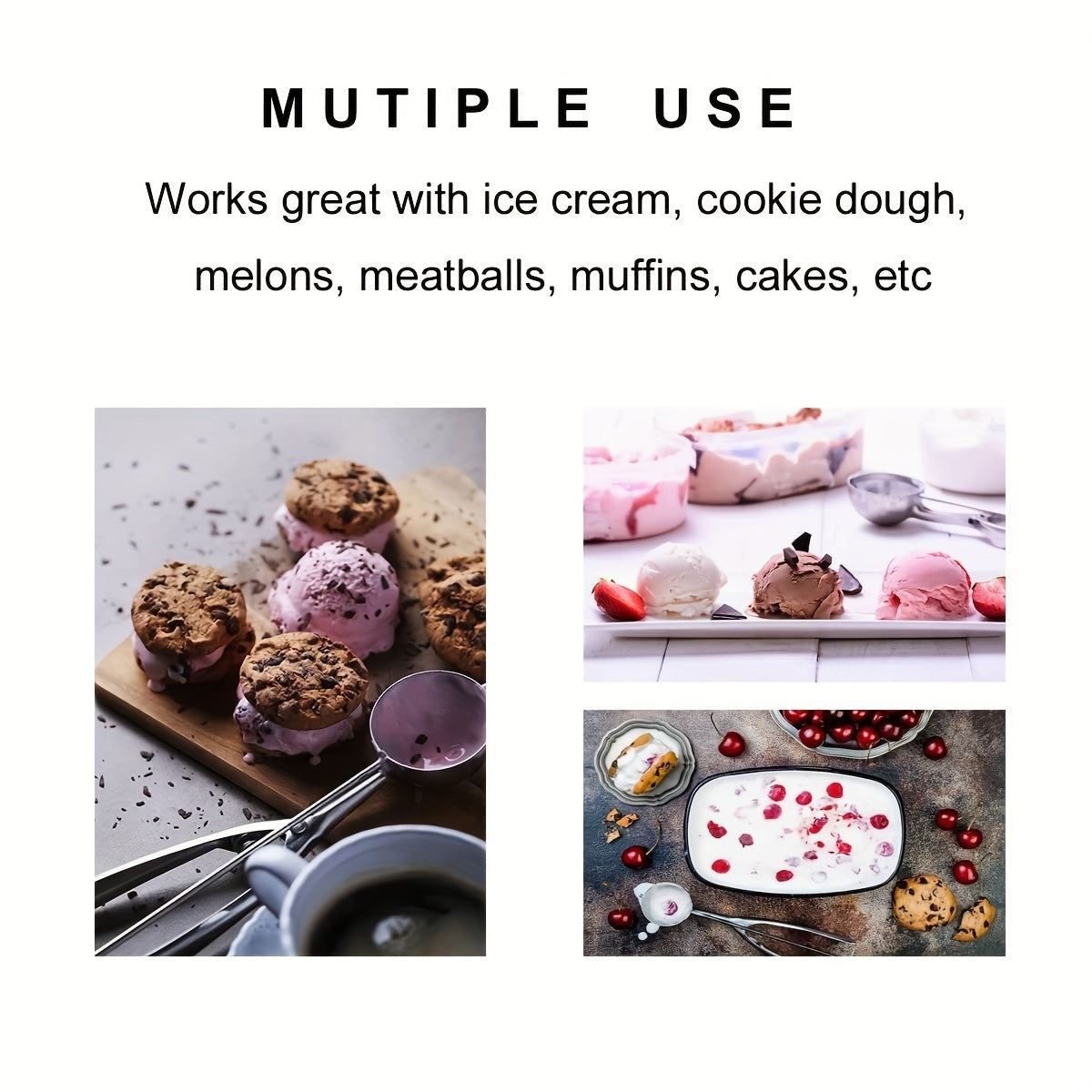 A 3pcs Cookie Scoop Set, Stainless Steel Ice Cream Scooper With Trigger Release, Large/Medium/Small Cookie Scooper For Baking, Cookie Scoops For Baking Set Of 3 With Cookie with intricate details on a white background.