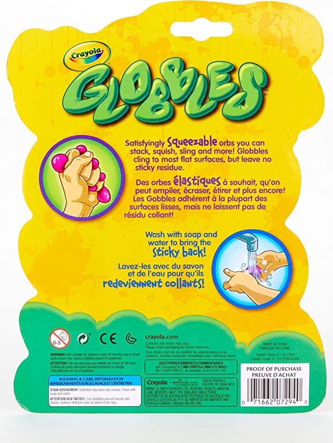 Packaging of Best Globbles Fidget Toy with six colorful washable fidget toys, featuring text "stick 'em, squish 'em, stretch 'em, so sticky! not messy!" on a