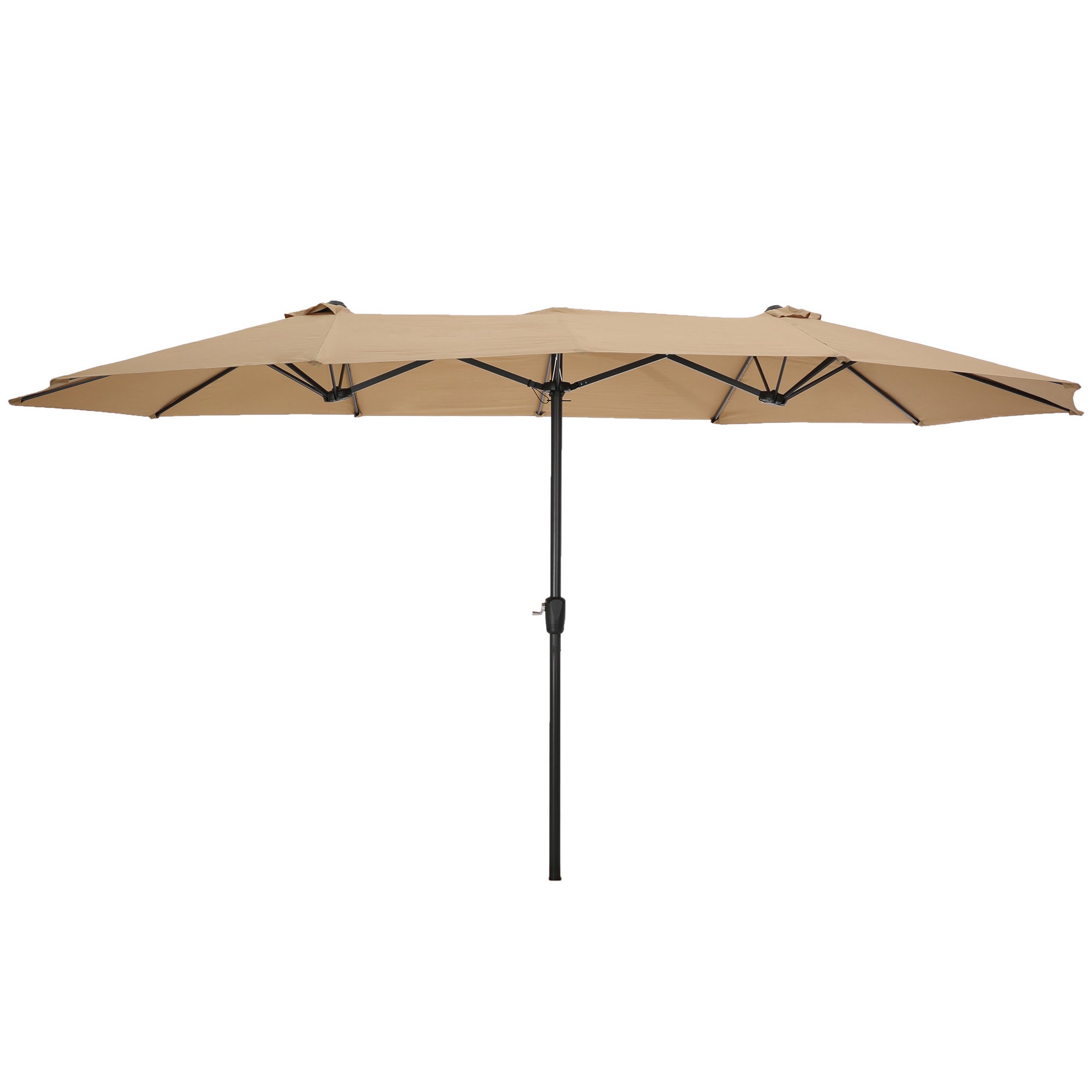 A 15x9ft Large Double-Sided Rectangular Outdoor Twin Patio Market Umbrella w/Crank- taupe on a white background.