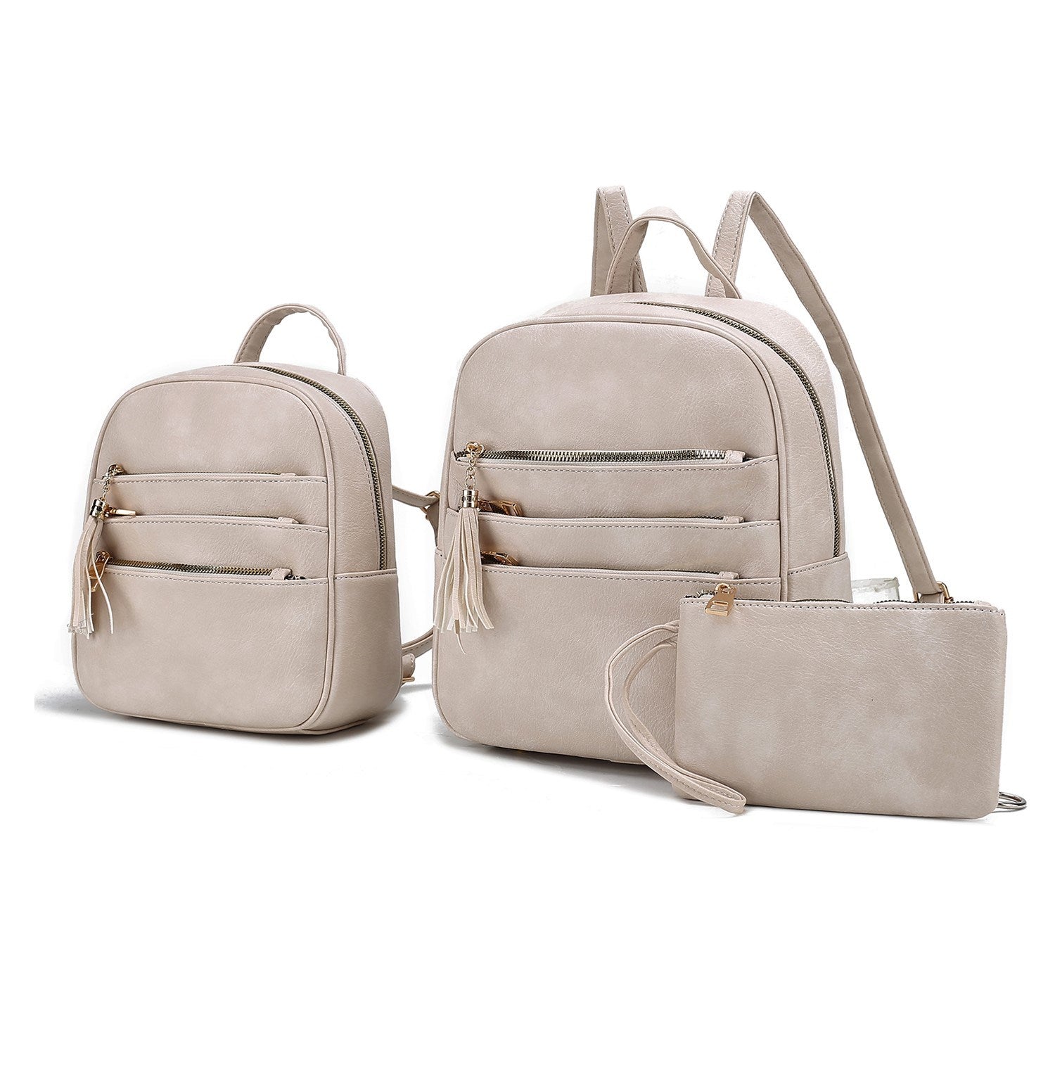 Two MKF Collection Roxane Vegan Leather Women's Backpacks with Mini Backpack and Wristlet Pouch- 3 pieces by Mia k, and a wallet.