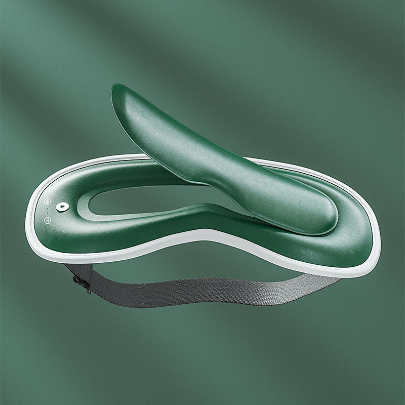 A modern green and white ergonomic New Tech Eye Massager Graphene Heating Eye Mask Dual-frequency Vibration Hot And Cold Double Compress Sleep Lunch Break Eye Mask with adjustable settings on a simple green background featuring eye fatigue relief.