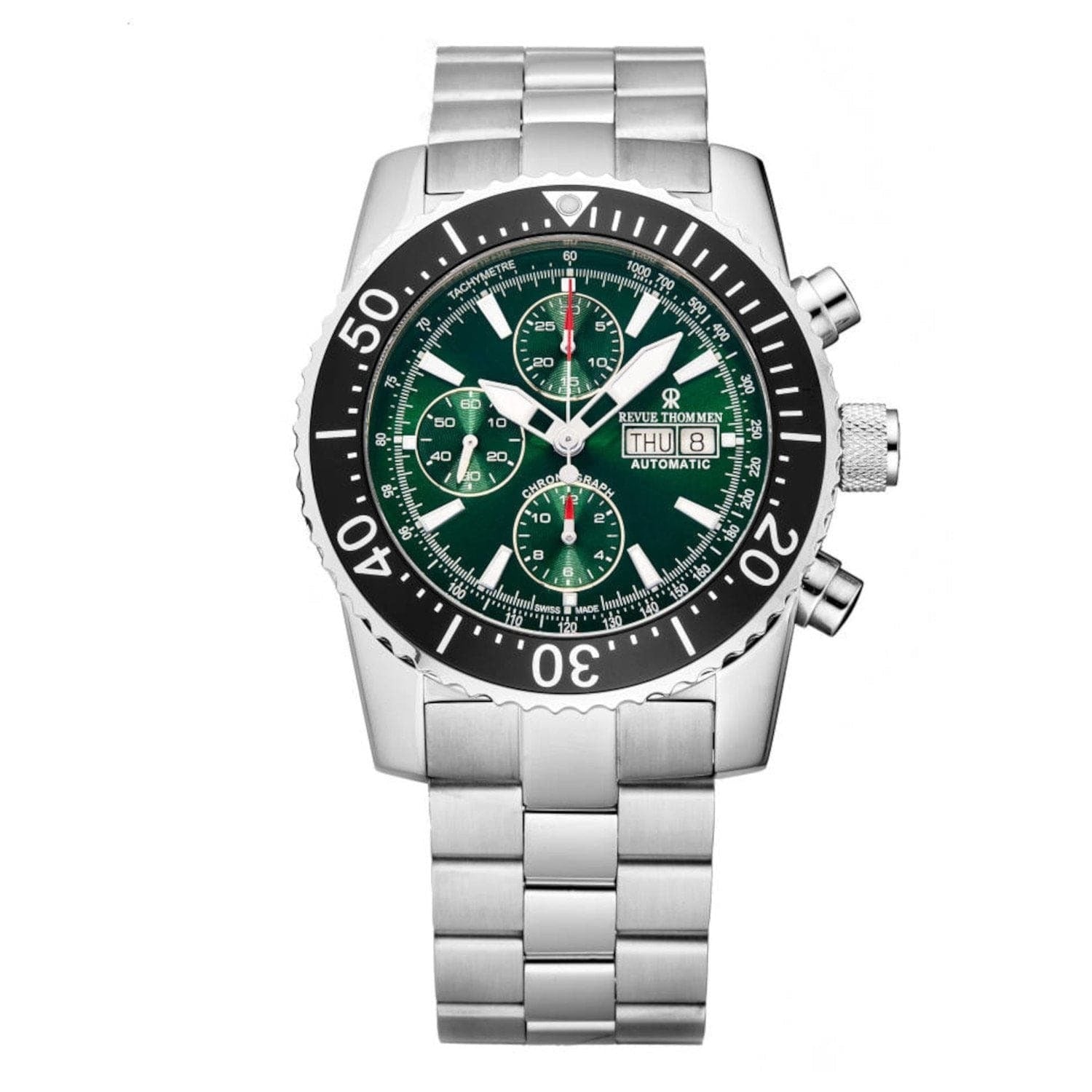 A stainless steel watch with green dials from Revue Thommen Chronograph Automatic Watch.