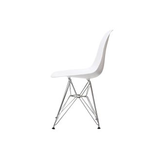 The Set of 4 Modern Style Dining Chairs are mid-century modern side chairs with a black plastic shell lounge design, wooden walnut legs, and metal supports, perfect for your kitchen, dining room, bedroom, or living room.