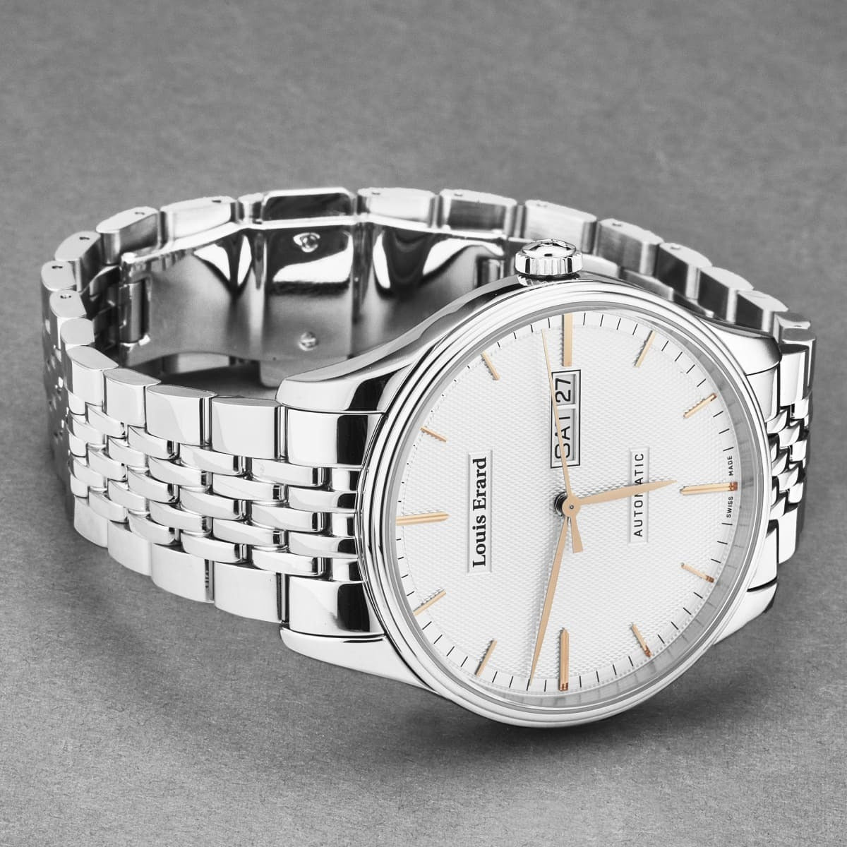 A Louis Erard Men's 'Heritage' Silver Dial Silver Stainless Steel Bracelet Automatic Watch 72288AA31.BMA88 with a silver dial on a white background.