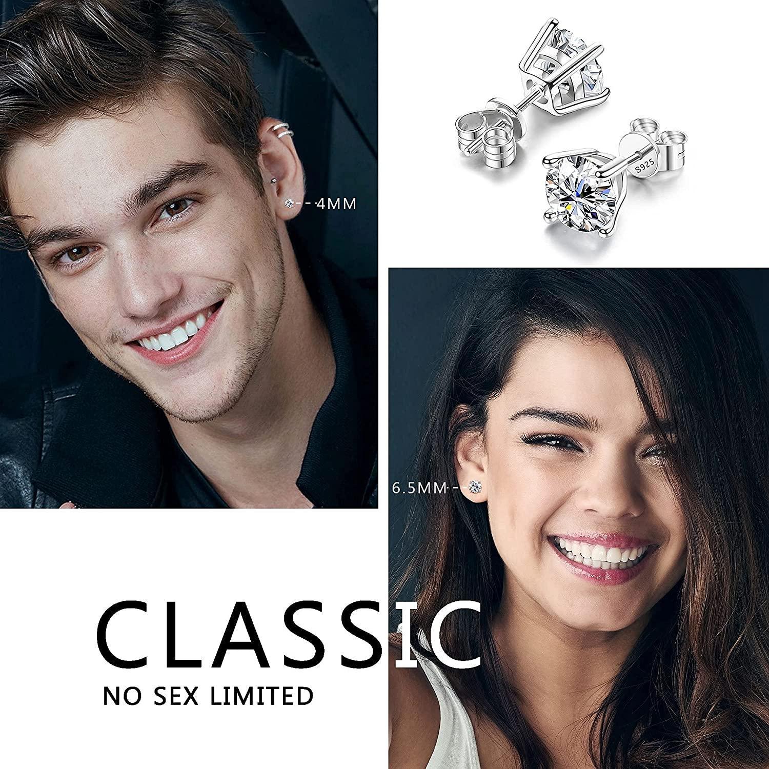 Close-up image of the Sterling Silver Cubic Zirconia Stud Earrings for Women Men, which feature round-cut, sparkling cubic zirconia gemstones set in 14k white gold plated metal with S925 engraved on the post, indicating hypoallergenic sterling silver.