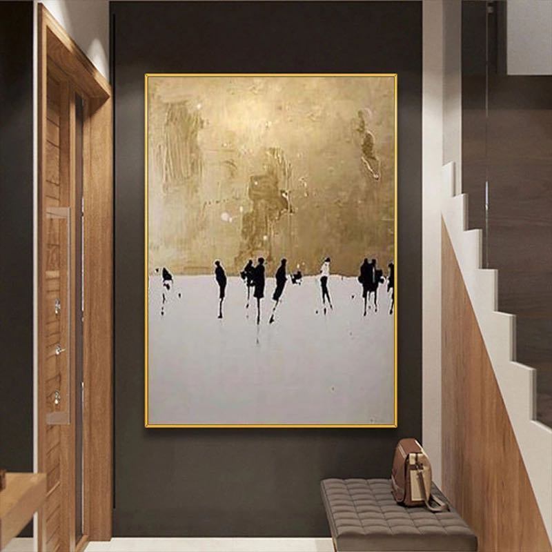 Large abstract 100% Hand Painted Abstract Oil Painting Wall Art Figure Picture Gold Foil with white tones and silhouetted figures, displayed in a modern hallway with stairs and a bench.