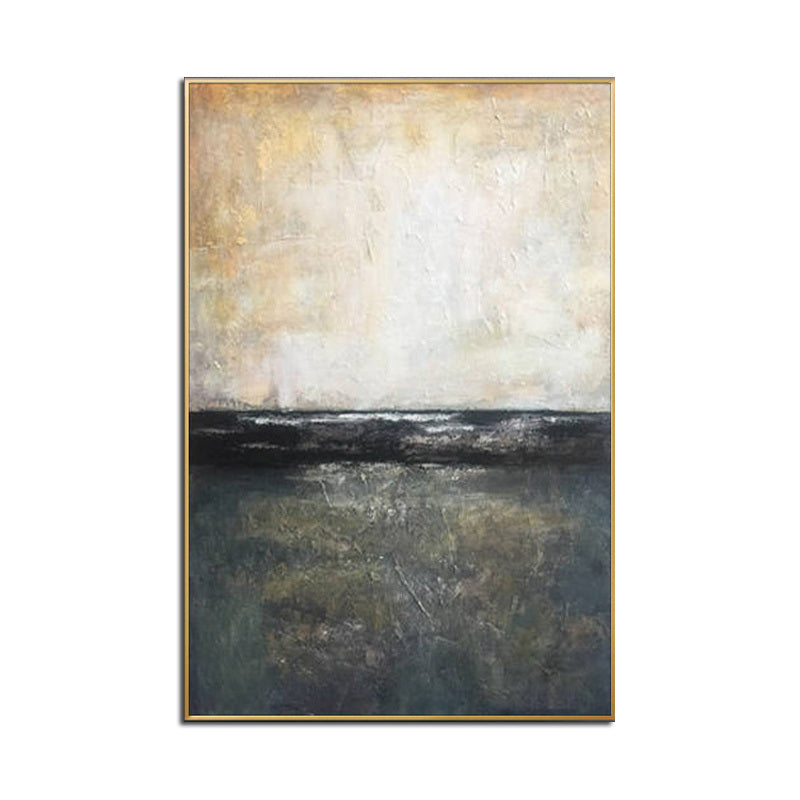 Abstract oil painting featuring a broad, dark horizontal stripe at the center, flanked by textured white above and mottled gray-green below, all encased in a thin gold frame.