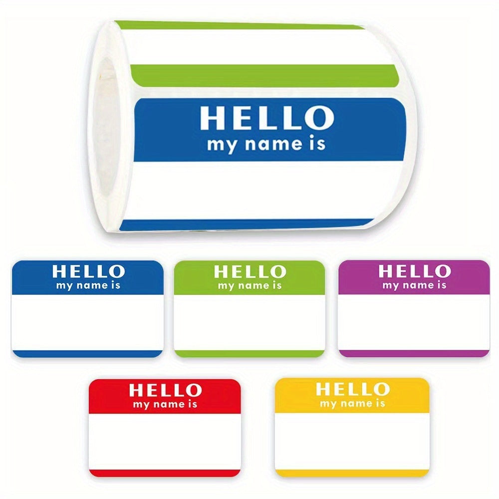 A roll of My Name Is Stickers Mark Tag Personalised Labels Sticker in red, blue, green, and purple featuring a white border and star pattern.