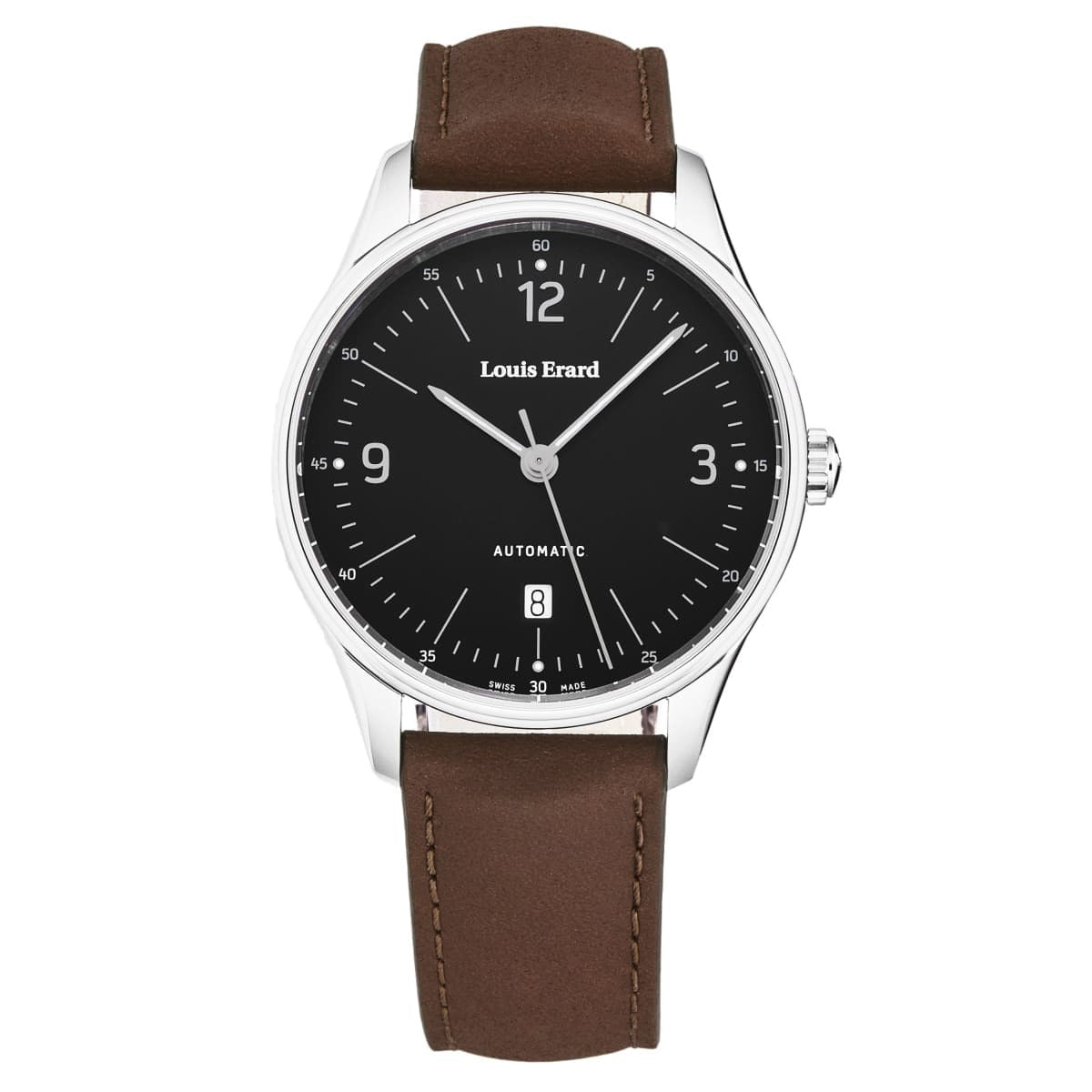 A Louis Erard Men's 'Heritage' Black Dial Brown Leather Strap Automatic Watch 69287AA02.BVA01 with a black dial, silver casing, and a brown leather strap, isolated on a white background.