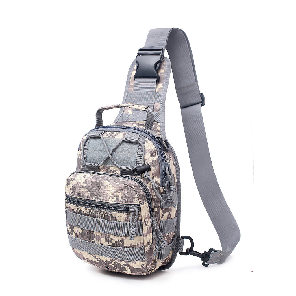 The Men Backpack Tactical Sling Bag Chest Shoulder Body Molle Day Pack Pouch with a camouflage pattern and multiple compartments, displayed against a white background.
