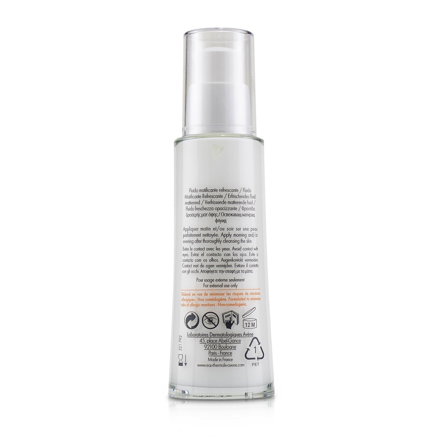 Bottle of AVENE - Refreshing Mattifying Fluid - For Normal to Combination Sensitive Skin 20938 50ml/1.6oz on a white background.