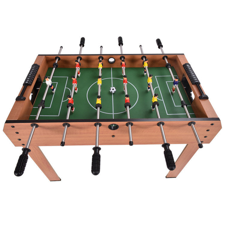 A Family Fun Games Indoor/Outdoor Competition Game Soccer Table with a white background, featuring a MDF frame and steel rods.