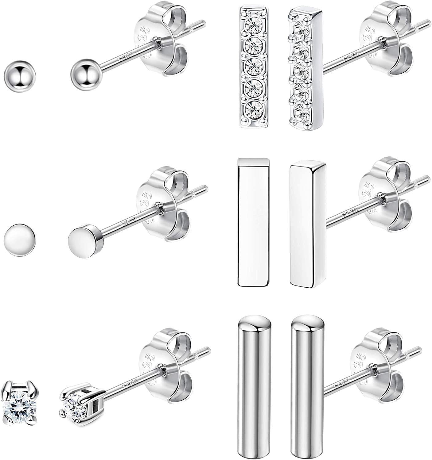Sentence with replaced product: A collection of various designs of 6 Pairs 925 Sterling Silver 2mm Tiny Stud Earrings Set for Women Men Mini Ball Bar(7.5mm/9mm) CZ Disc Dot Earrings Line Stick Earrings Valentine's Day Gifts, featuring tiny stud earrings and bars embellished with crystals.