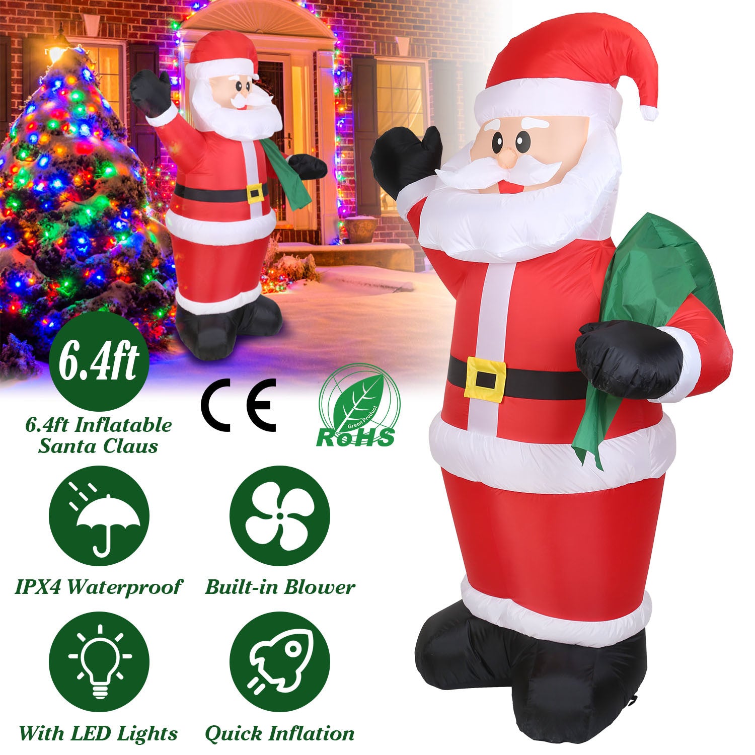 A group of 6.4ft Inflatable Christmas Giant Santa Claus Blow up Santa Claus with built-in blower and LED lights.
