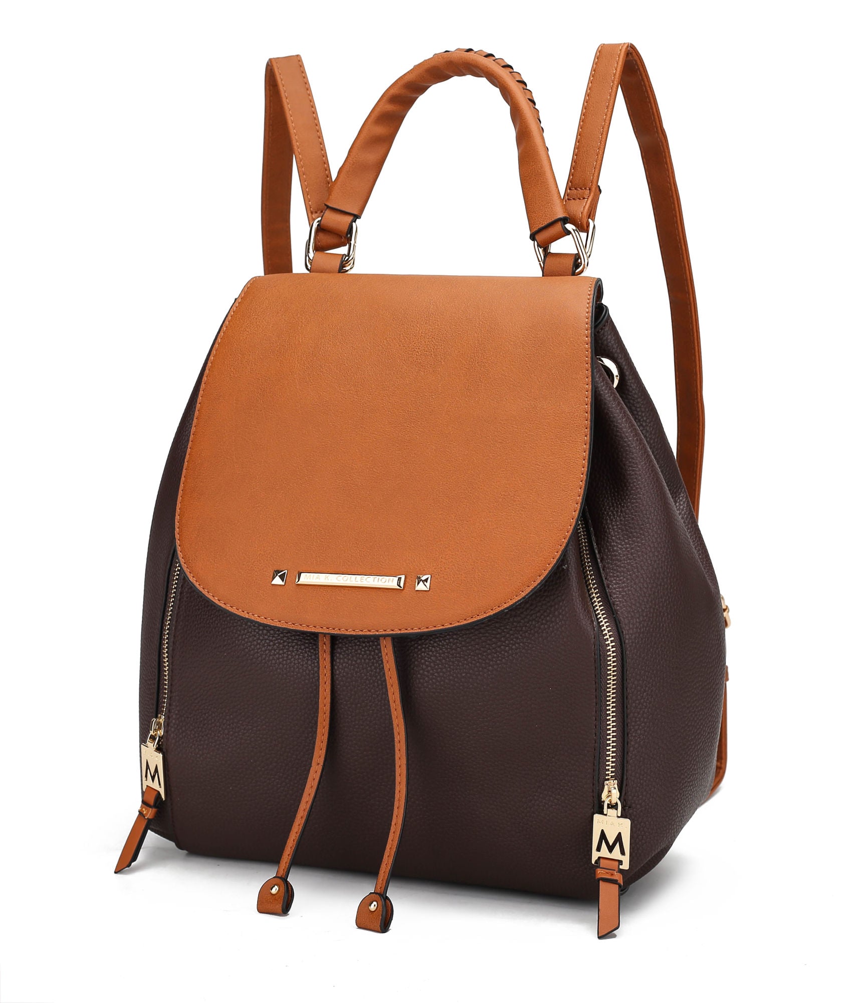 A brown and beige MKF Collection Kimberly Backpack Vegan Leather Women by Mia k with zippers.