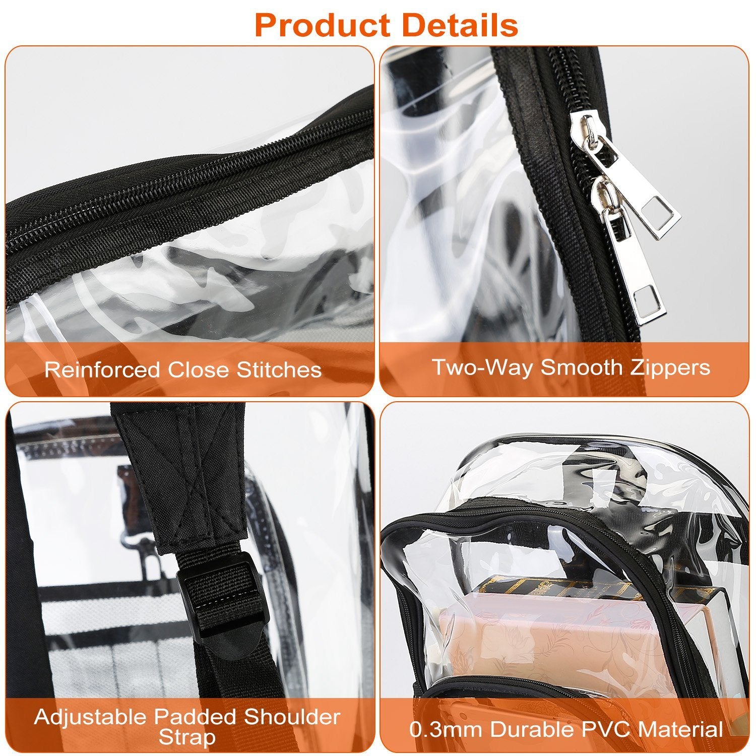 A Clear Backpack Heavy Duty Transparent Book Bag Waterproof PVC Clear Backpack 5.3Gal with Reinforced Strap with adjustable padded straps and spacious compartments, perfect for carrying a lot of items.