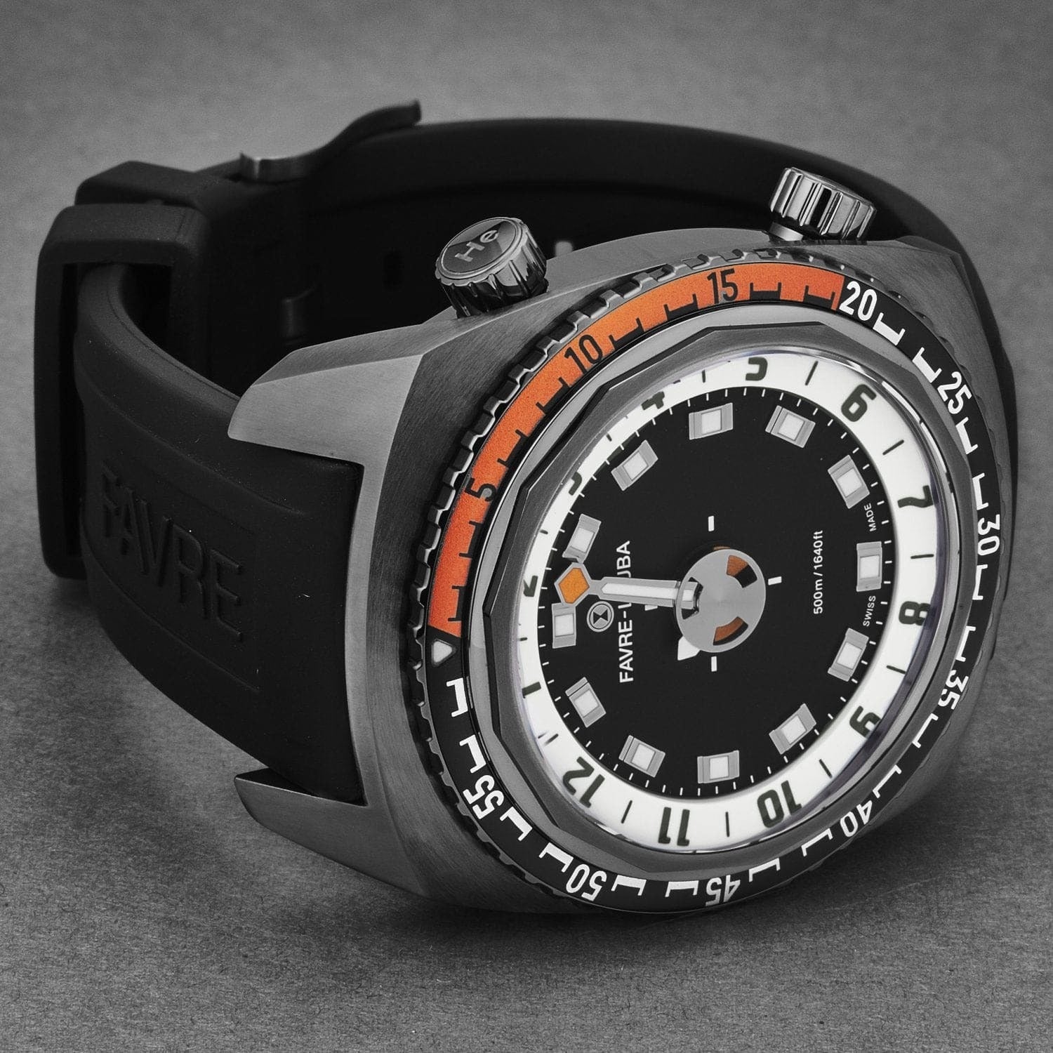 A Favre-Leuba Men's 00.10101.09.13.31 'Raider Harpoon' Black White Dial Black Rubber Strap automatic watch, with a black and orange design, showcased against a white background.