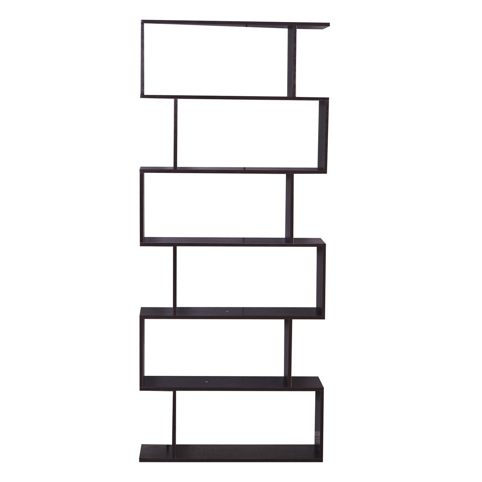 A 6 Shelf Bookcase, Modern S-Shaped Z-Shelf Style Bookshelf filled with books, vases, and decorative items on a white background.