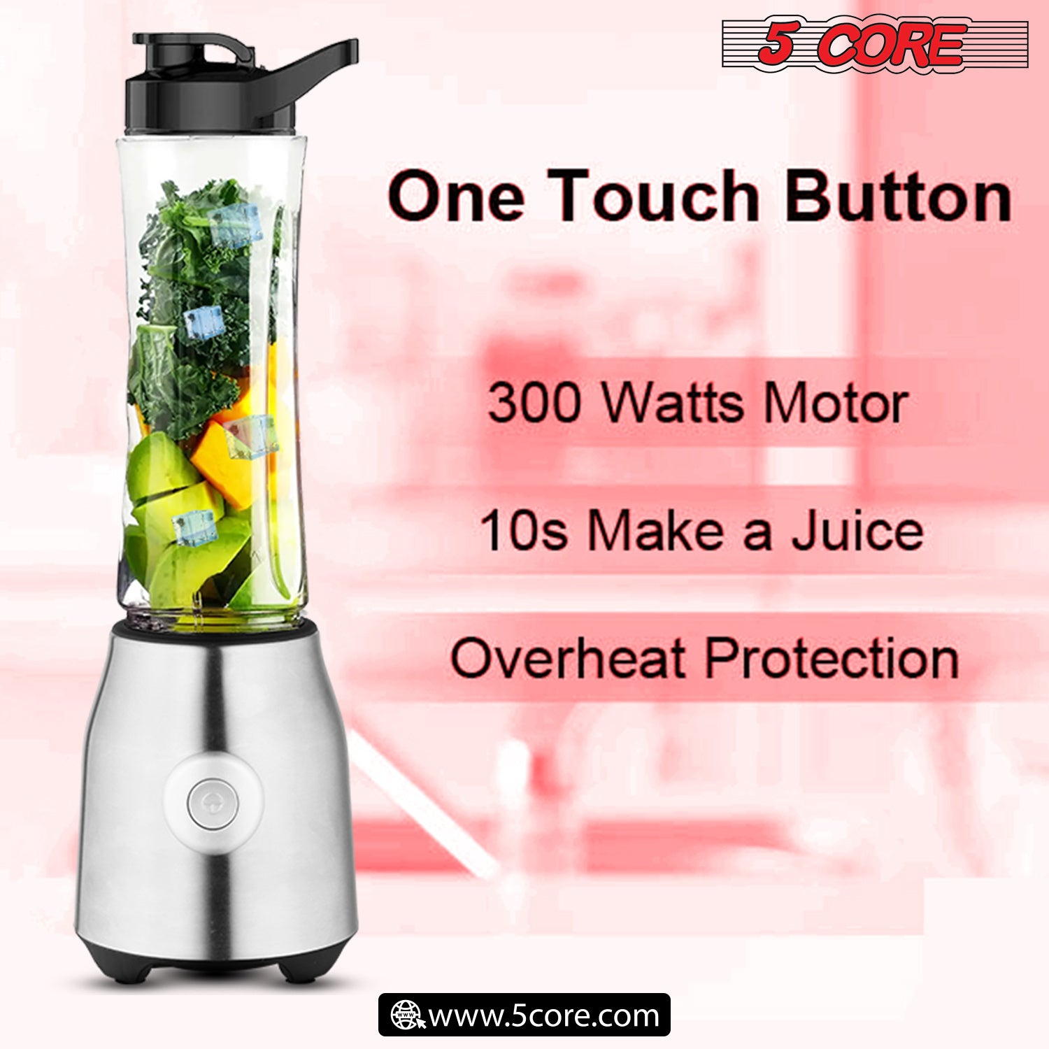 A powerful 5 Core 600ml Personal Blender for Shakes and Smoothies with fruits and vegetables next to it, providing one-touch blending capability.