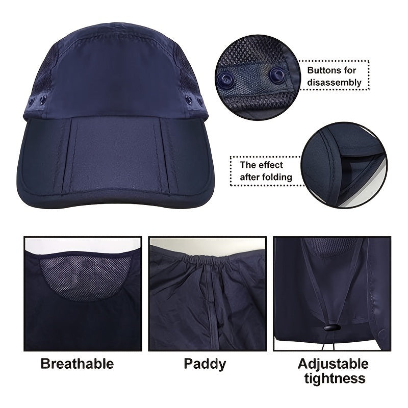 The VisBeaut Sun Hat, Fishing Cap, and Baseball Cap with Neck Cover and Face Mask for Outdoor Sports is shown in dark gray with a wide brim. It also includes a neck flap and face cover, visible from the front and side views. The hat features breathable mesh panels and an adjustable chin strap. Detailed images include an unfolded display, emphasizing its practical design for optimal protection.
