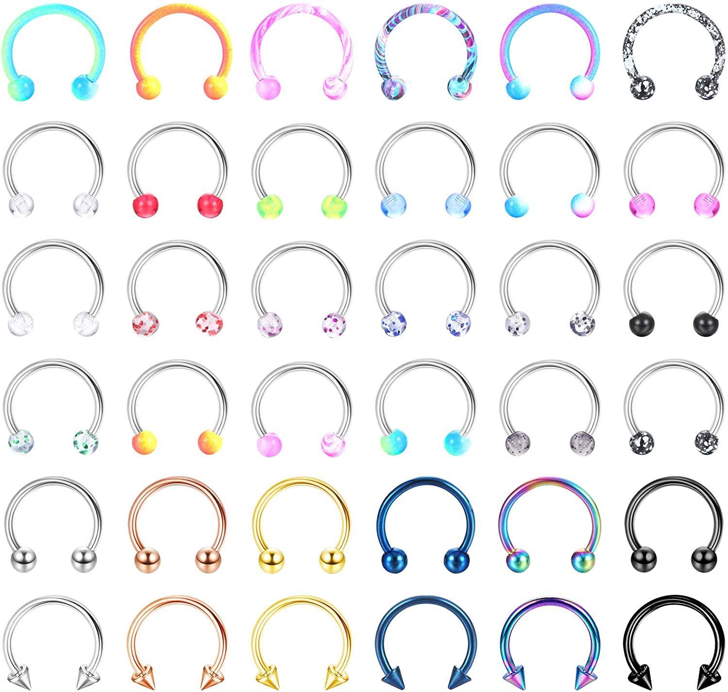 Collection of colorful Horseshoe Septum Rings 16G 316L Stainless Steel Cartilage Helix Tragus Earring Nose Hoop Horseshoe Piercing Jewelry for Women Men in various colors and designs, neatly arranged in rows on a white background.