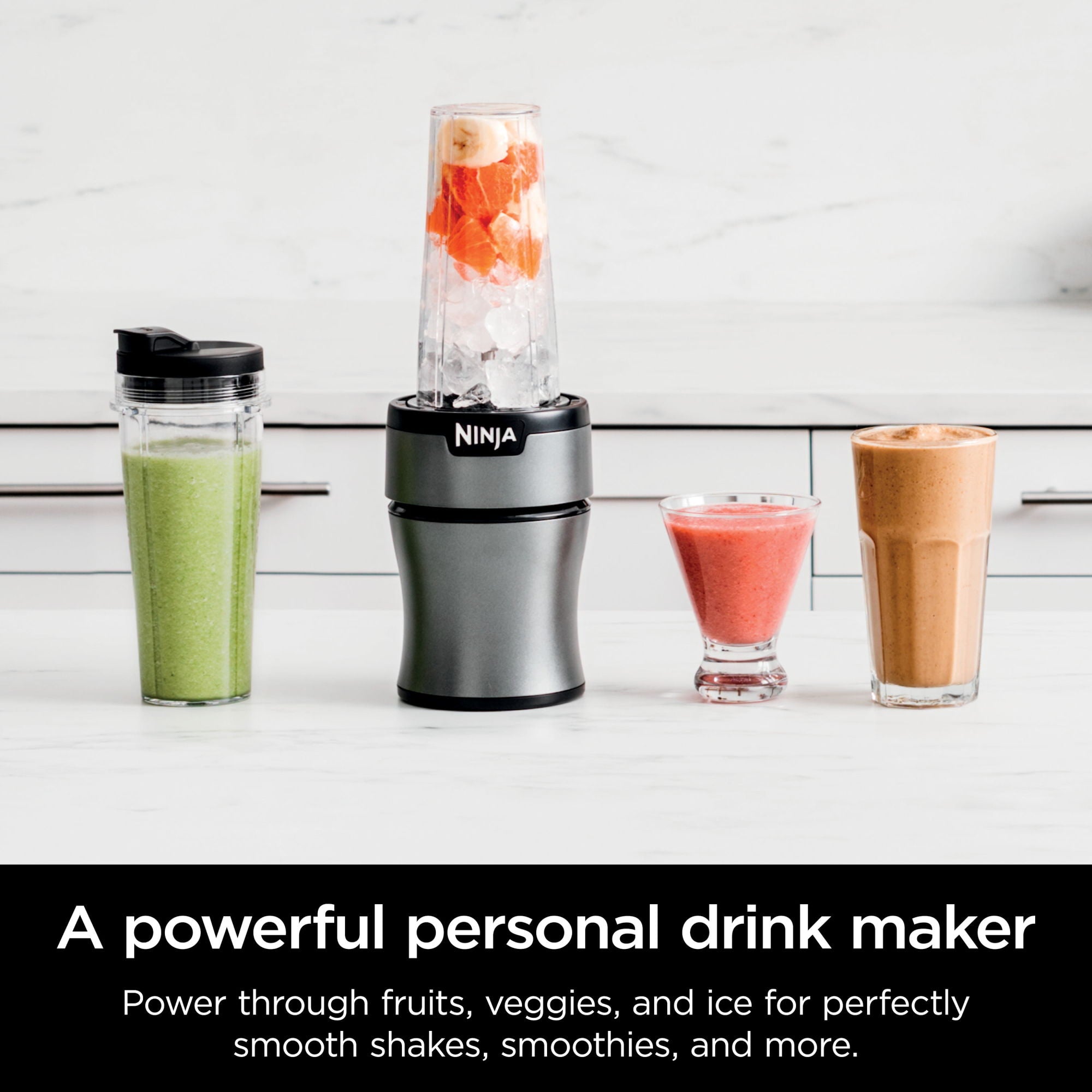 A Nutri-Blender BN300 700-Watt Personal Blender, 2 20 oz Dishwasher-Safe To-Go Cups with a cup and a lid, perfect for making smoothies.