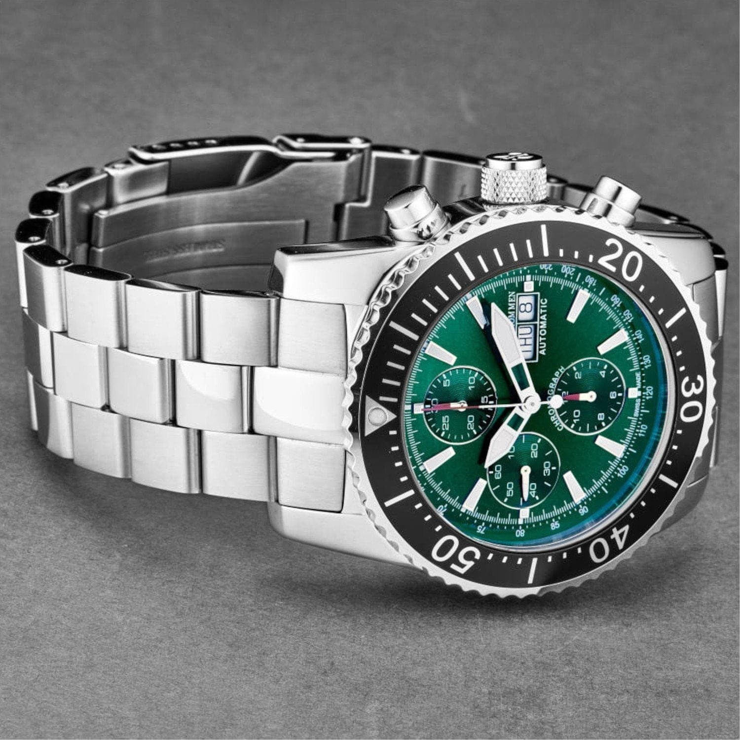 A stainless steel watch with green dials from Revue Thommen Chronograph Automatic Watch.