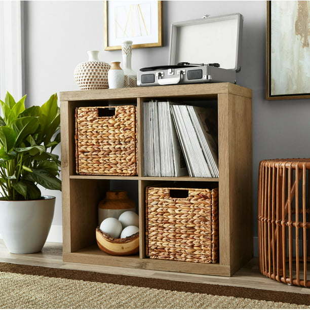 A 4-Cube Storage Organizer, Solid Black, with an open-back design and measurements.