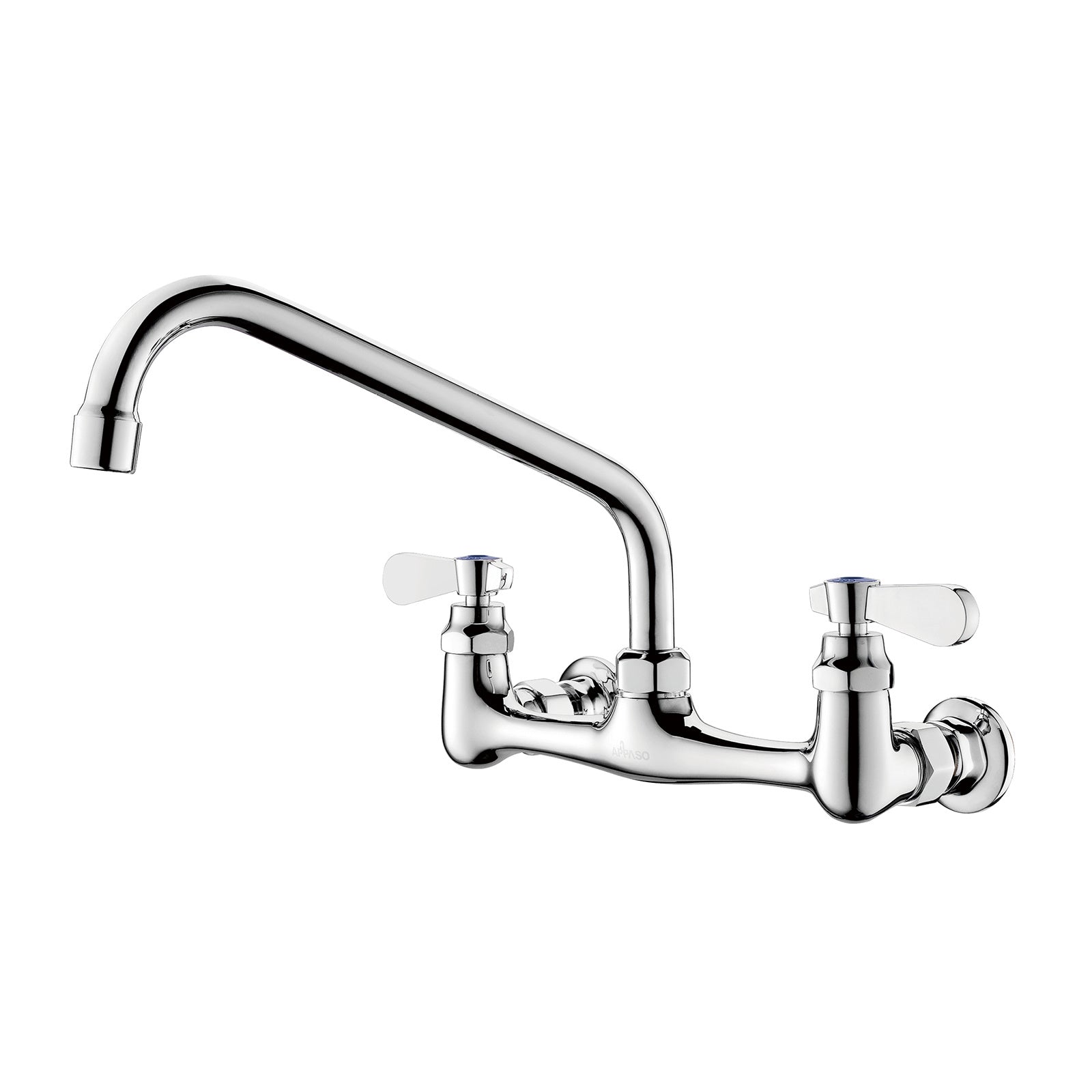 A APPASO Wall Mount Commercial Sink Faucet with 10" Swivel Spout, 8-in Center Kitchen Compartments Sink Faucet 2-Handle for Restaurant Home Backsplash Mount On 2 or 3 Bay Prep & Utility Compartment Sink with two handles on a white background.