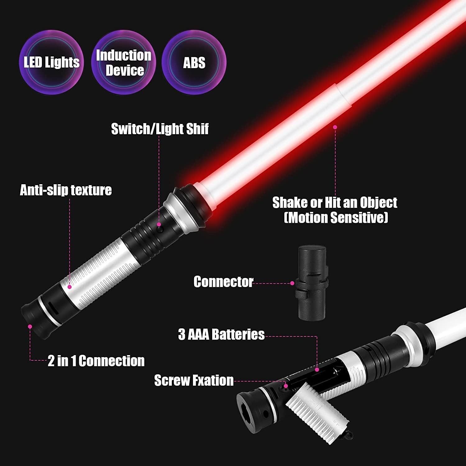 Two LED Light Up Sabers with Sound - Retractable 7 Colors Light Saber Sword for Kids - 2 Pack, including Darth Maul's lightsaber, against a dark background.