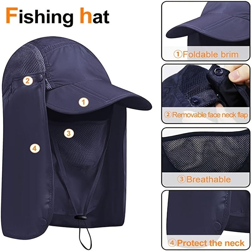 The VisBeaut Sun Hat, Fishing Cap, and Baseball Cap with Neck Cover and Face Mask for Outdoor Sports is shown in dark gray with a wide brim. It also includes a neck flap and face cover, visible from the front and side views. The hat features breathable mesh panels and an adjustable chin strap. Detailed images include an unfolded display, emphasizing its practical design for optimal protection.
