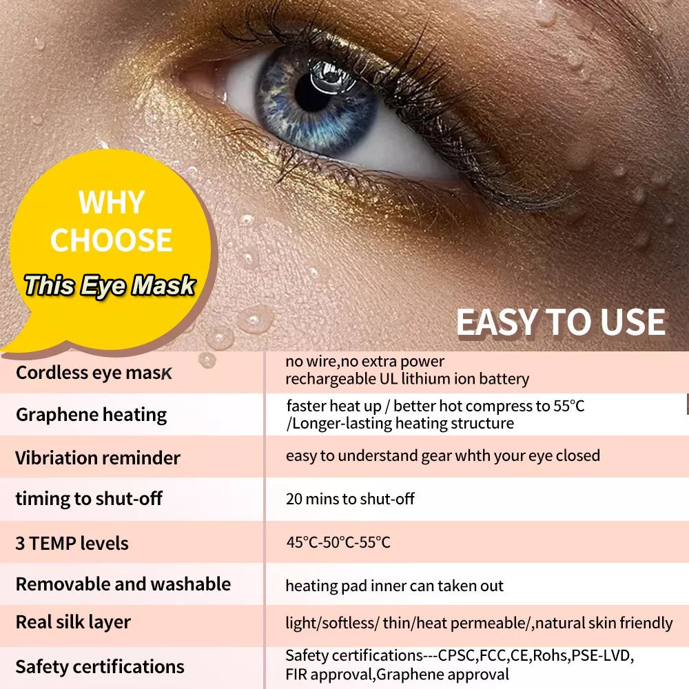 A black New Cordless Heated Eye Mask for Dry Eyes USB Rechargeable Warming Therapy Graphene Heating Reusable Real Silk Sleep Eye Mask with a gold box for relief dry eyes and eye fatigue.