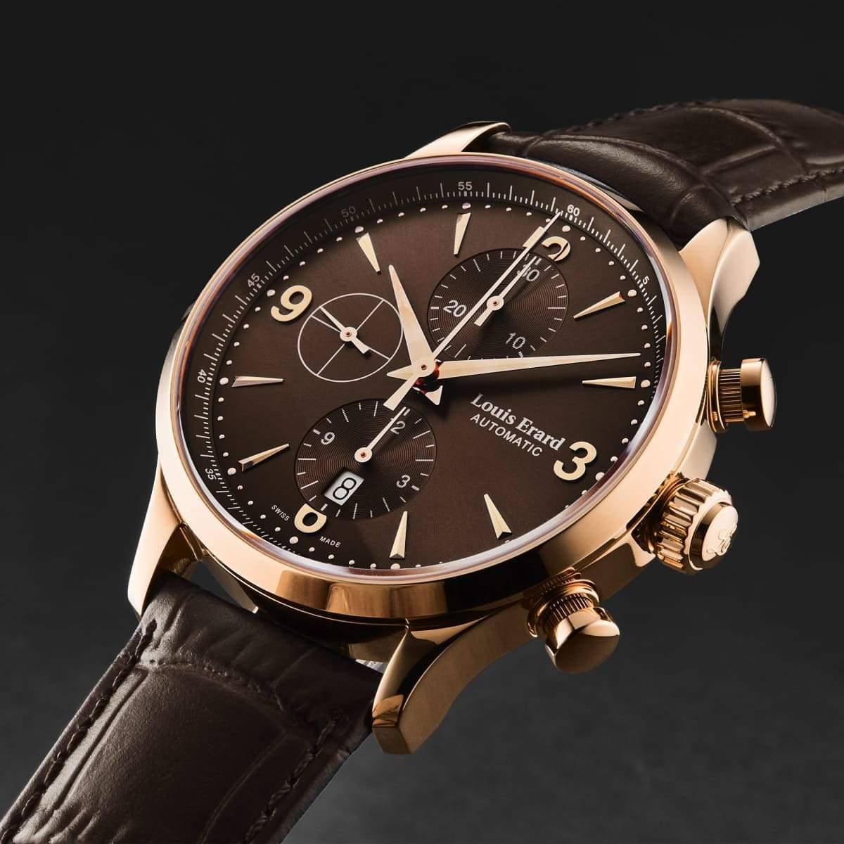 A Louis Erard Men's '1931' Chronograph Brown Dial Brown Leather Strap Automatic Watch 78225PR16.BRC03 with brown leather straps and a brown dial.