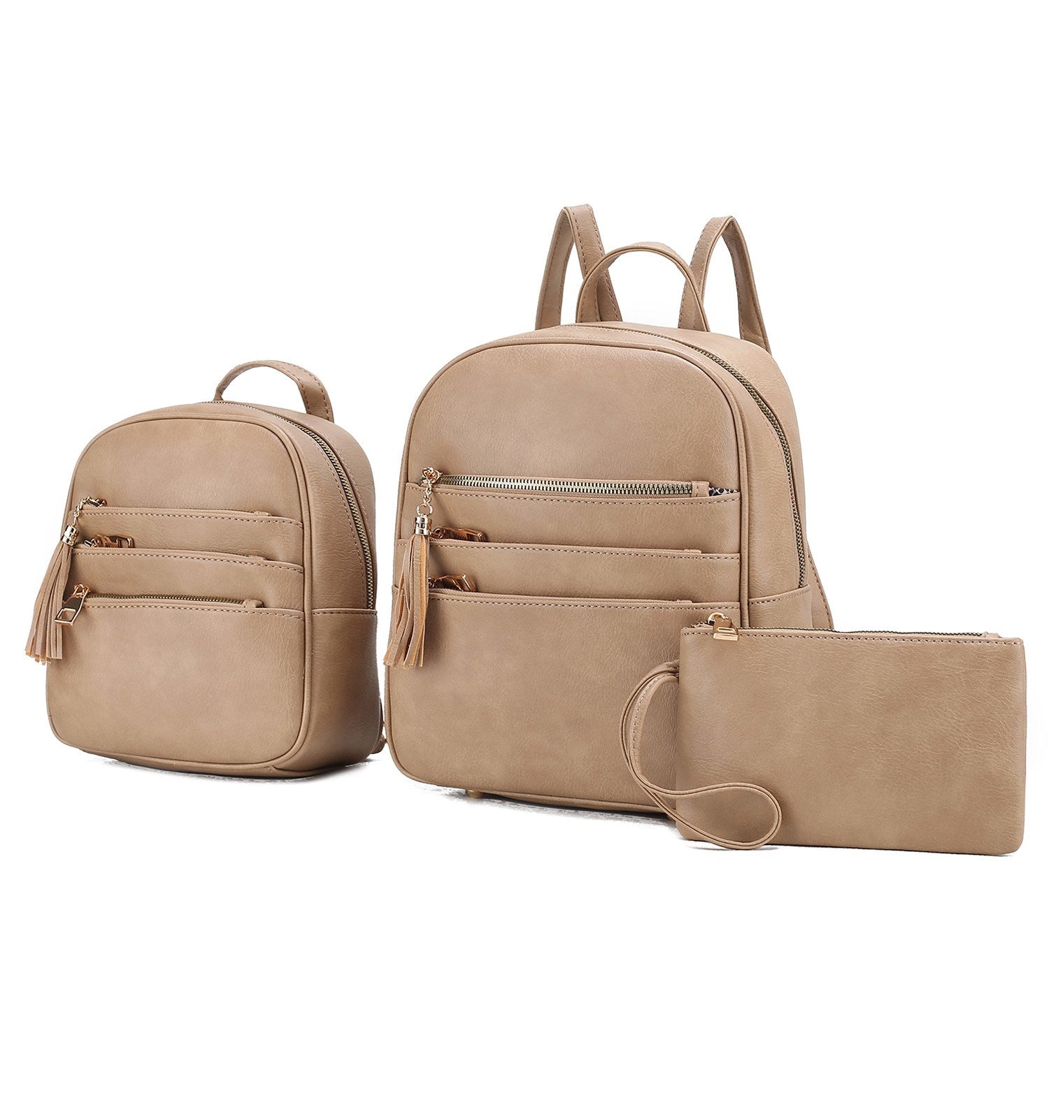 Two MKF Collection Roxane Vegan Leather Women's Backpacks with Mini Backpack and Wristlet Pouch- 3 pieces by Mia k, and a wallet.