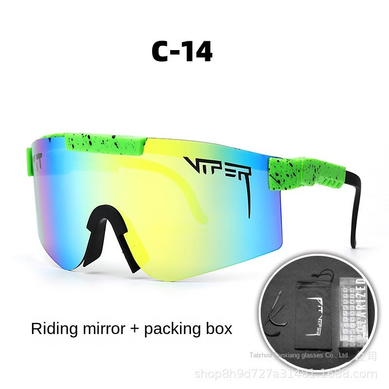 A pair of Pits Viper Riding Glasses Outdoor Sports Sunglasses for men, featuring "VIPER" branding on the lens and frame, with a red and white pattern on the arms. Designed for outdoor sports, they offer UV400 protection and come labeled "C-21," including a riding mirror and packing box.