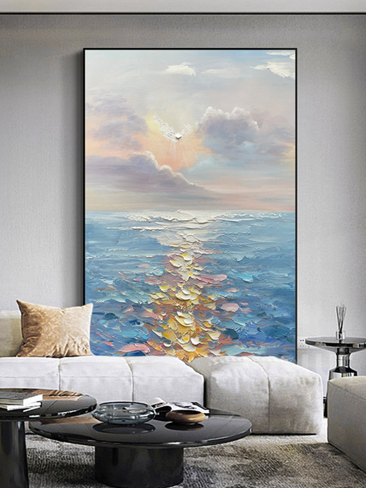 A modern abstract wall art canvas painting of a vibrant underwater scene with colorful fish, displayed on a wall in a modern living room.