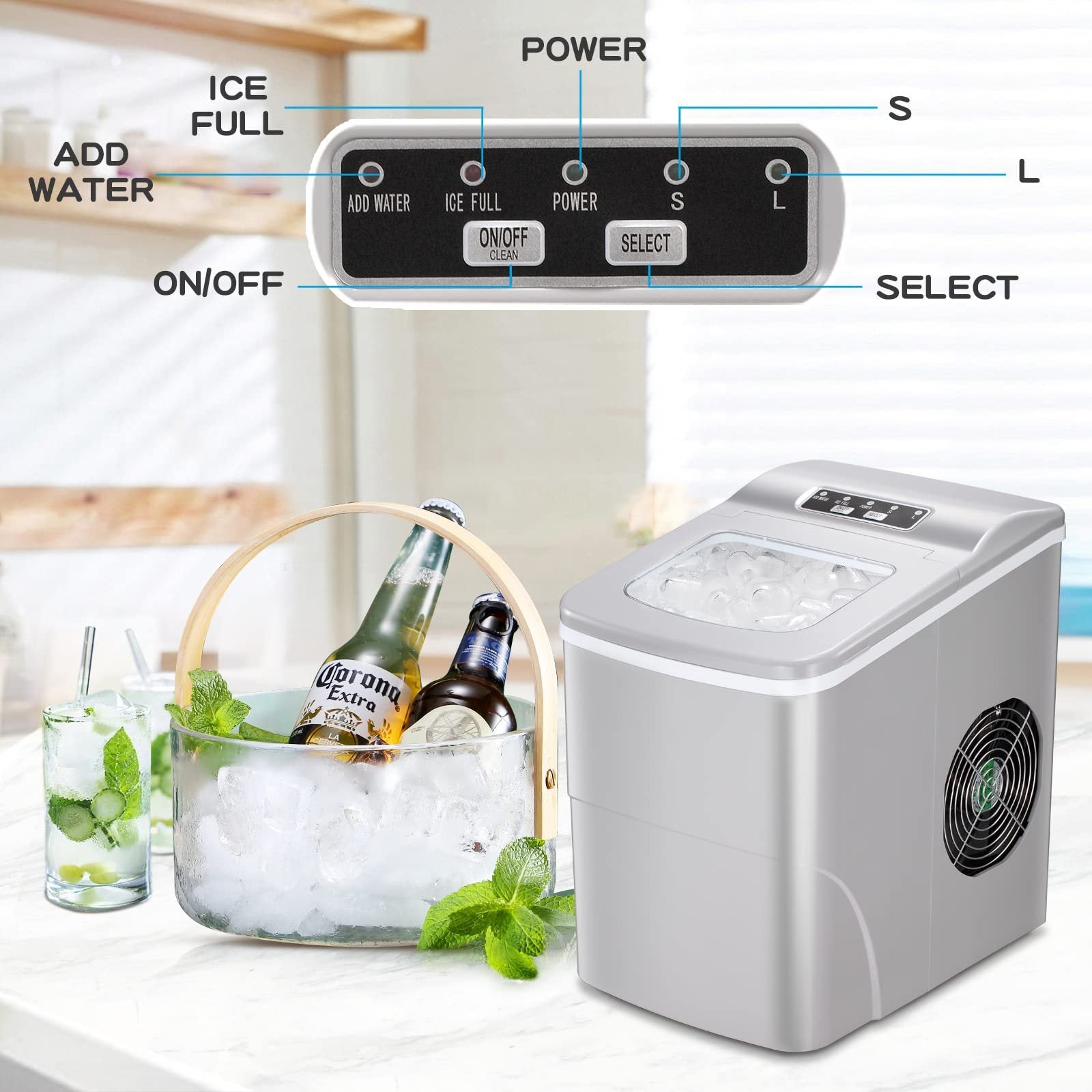 A portable Compact Ice Maker with a viewing window on the lid, displaying ice cubes inside, accompanied by a scoop resting beside it.
