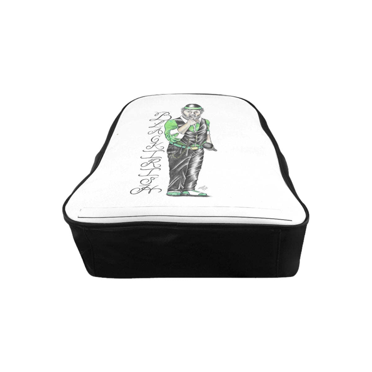 White and Black Irish Backpack 'St Patricks Day' featuring a quality print of a man in a green suit and hat holding a cane.