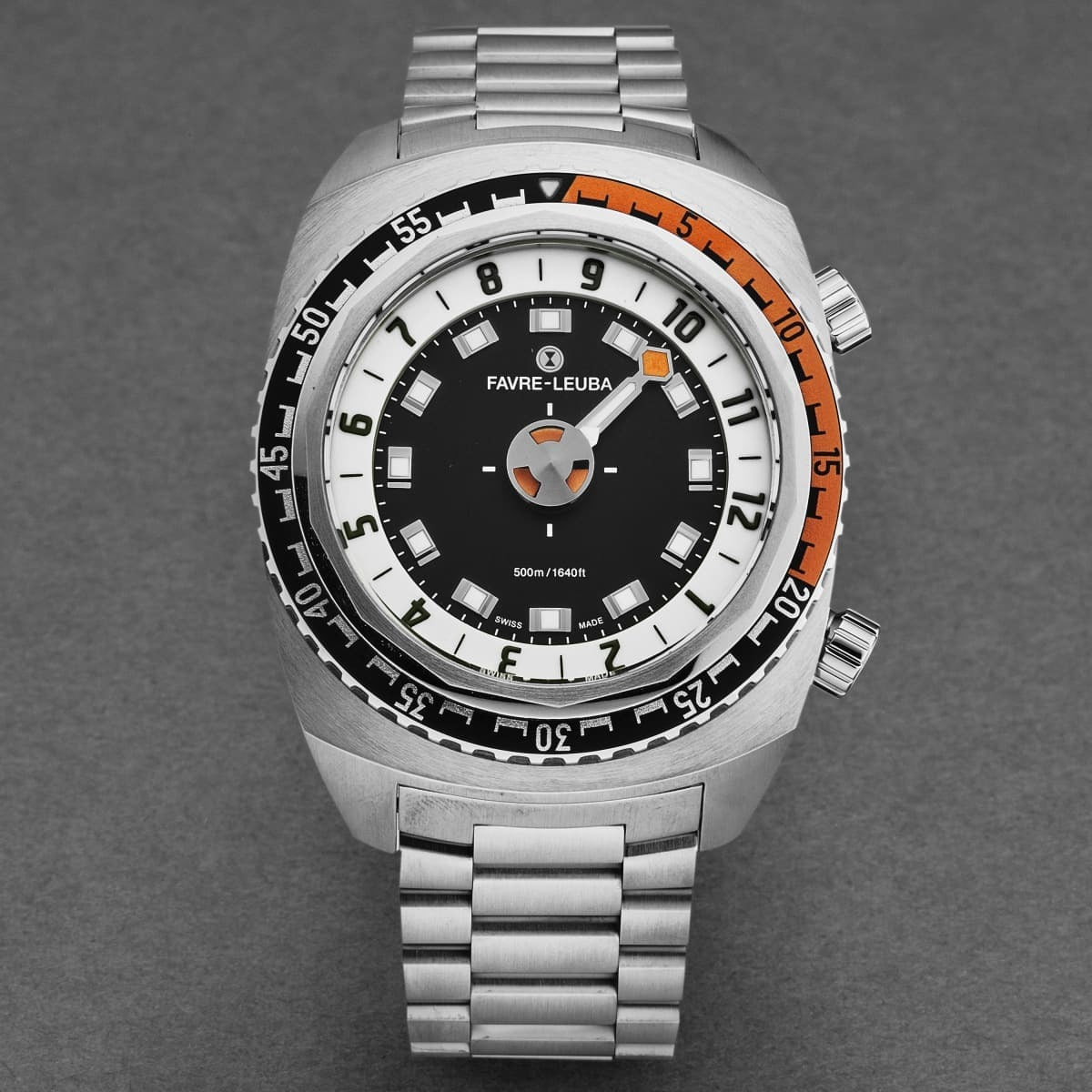 A Favre-Leuba Men's 00.10101.08.13.20 'Raider Harpoon' Black White Dial Stainless Steel Bracelet Automatic Watch with a black and orange design, showcased on a white background.