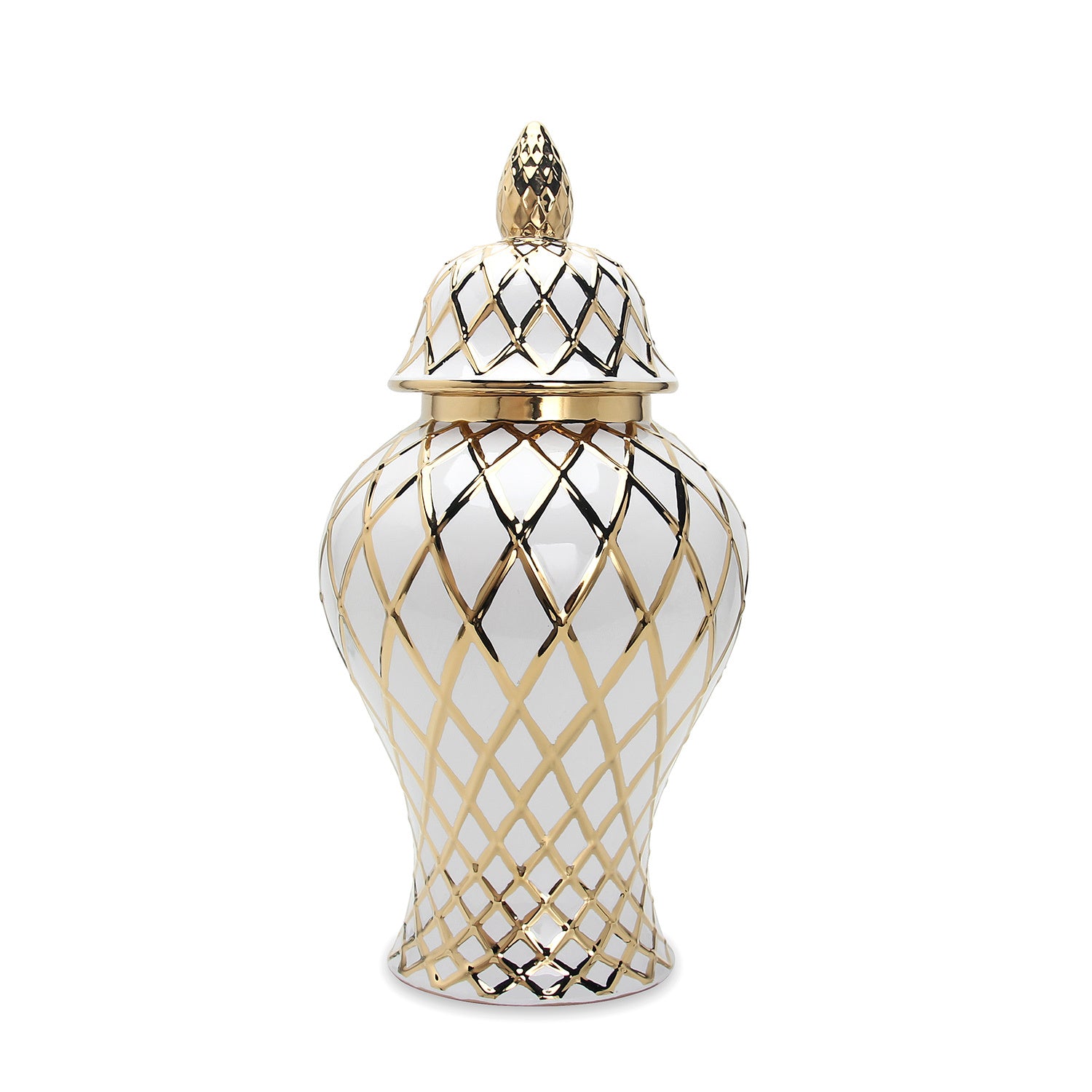 A White and Gold Ceramic Decorative Ginger Jar Vase on a white background.