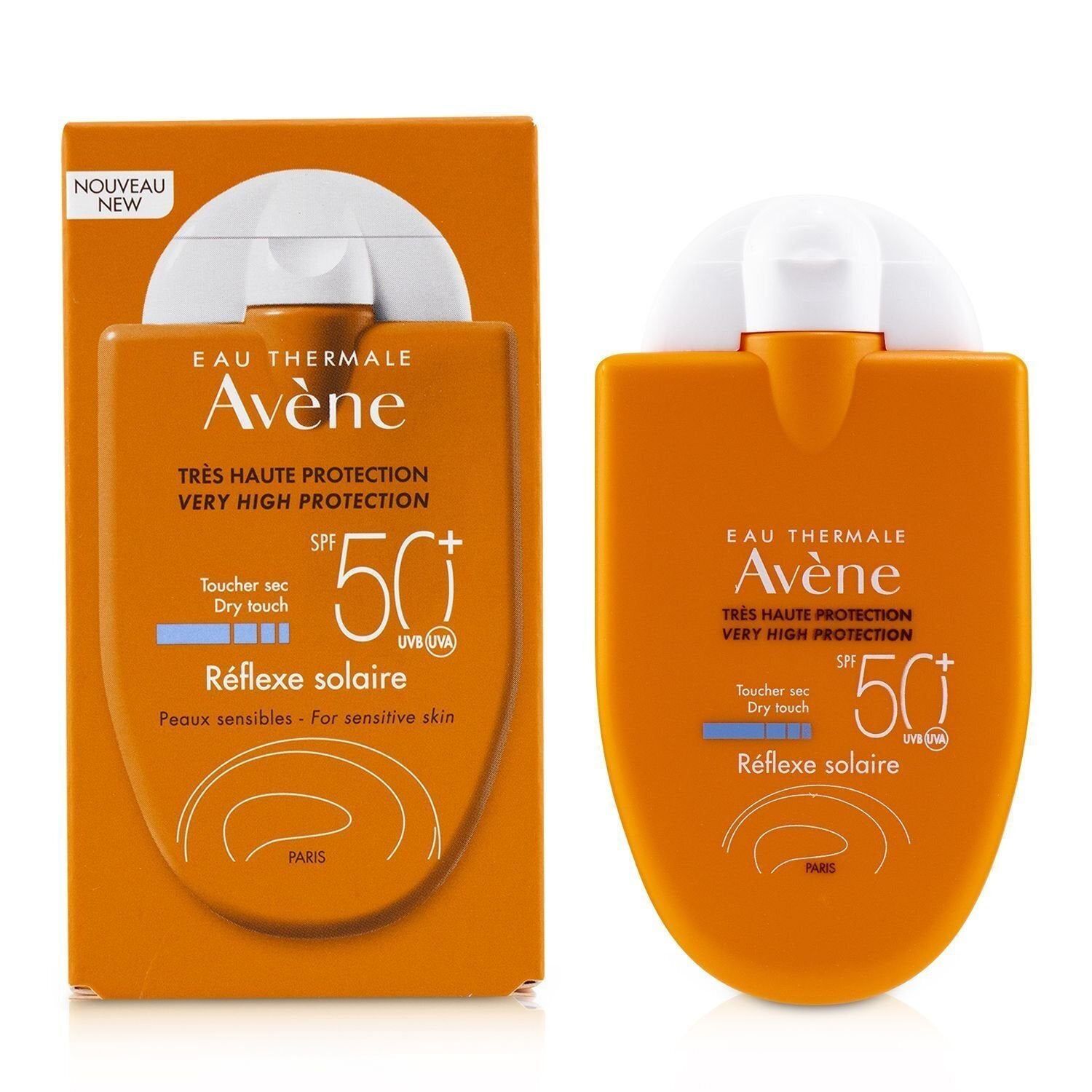 A bottle of AVENE - Reflexe Solaire SPF 50 For Sensitive Skin (Exp. Date: 06/2023) 30ml/1oz sunscreen, with a white cap and orange body, isolated on a white background.