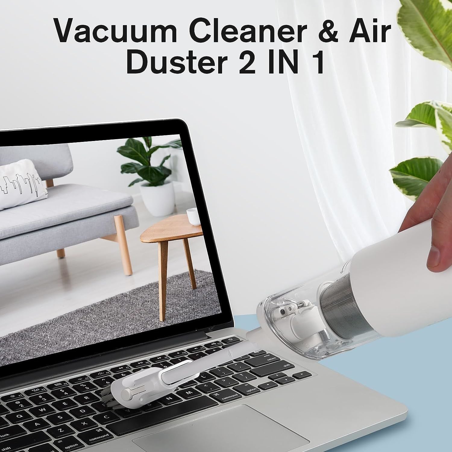 A MOOKA Cordless Car Vacuum Rechargeable, 1.1LB Lightweight Portable Mini Vacuum for Car,Home, Dual Filtration Handheld Vacuum Cleaner with Blower, 6000Pa Suction Power, USB C Fast Charging with a water hose attached to it.