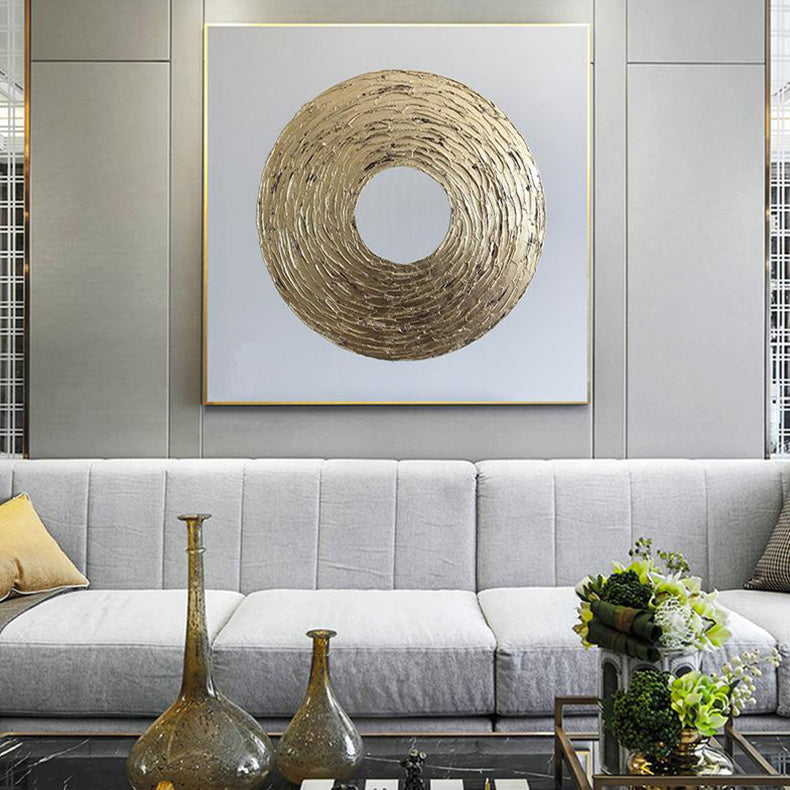 Large Original Hand Painted Abstract Modern Golden Oil Painting On Canvas Wall Art hung on a gray wall in a modern home interior with visible kitchen in the background.