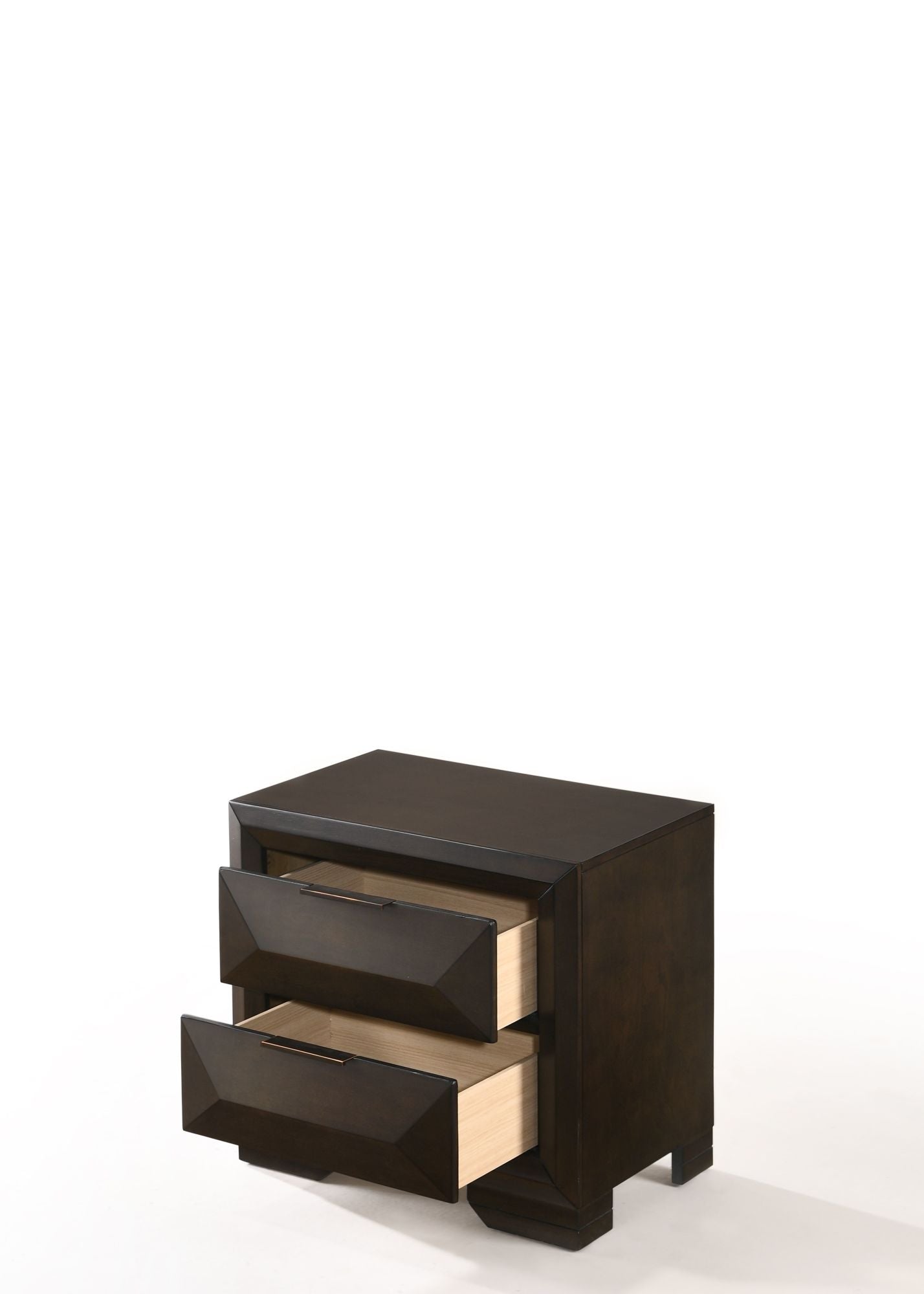 A Merveille Nightstand in Espresso YJ with two drawers and a lamp.