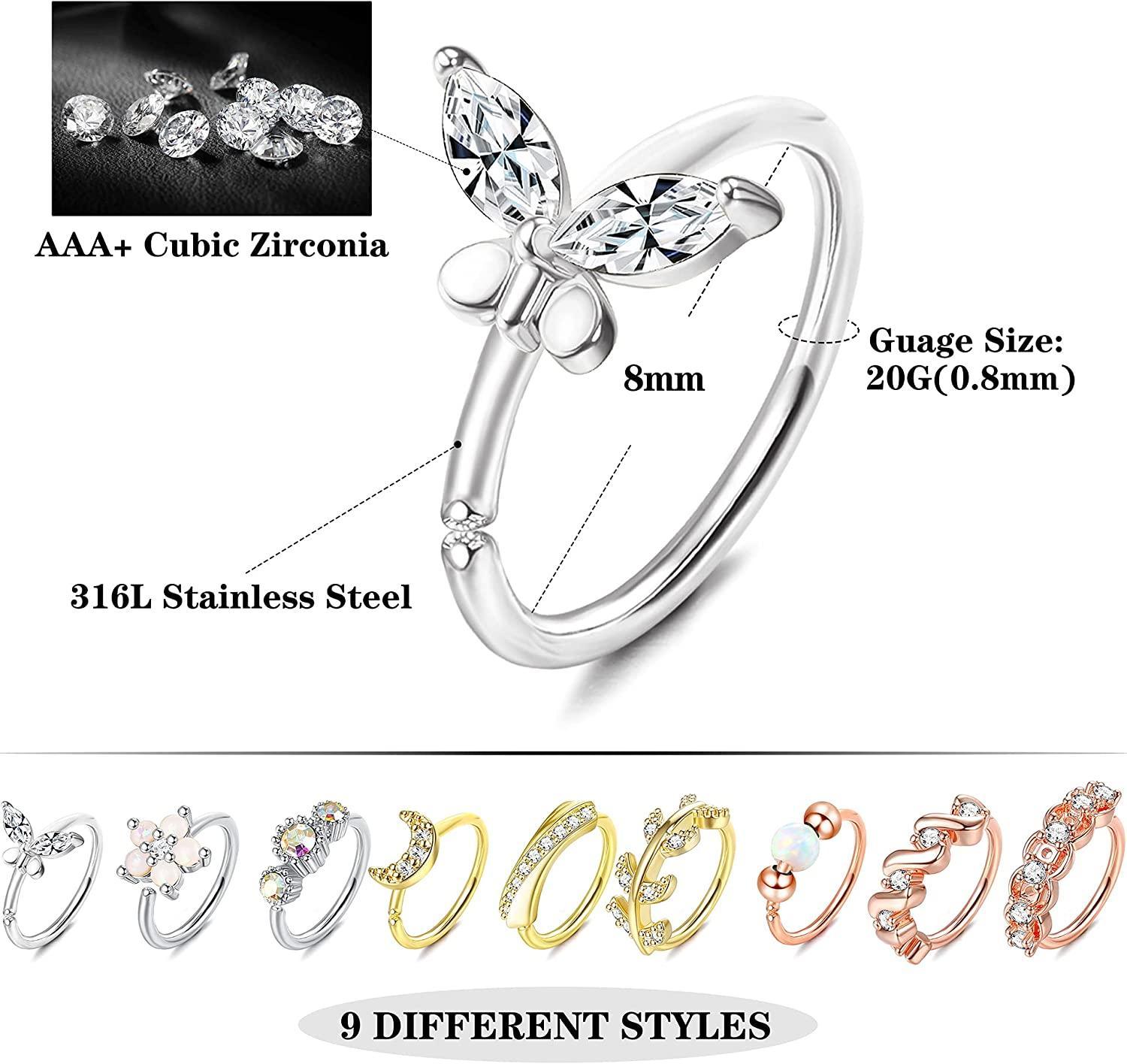 A variety of 9Pcs 20G Stainless Steel Nose Ring Hoop for Women Men in silver, gold, and rose gold tones, each decorated with different elements like pearls, crystals, floral motifs, and cartilage hoop rings.