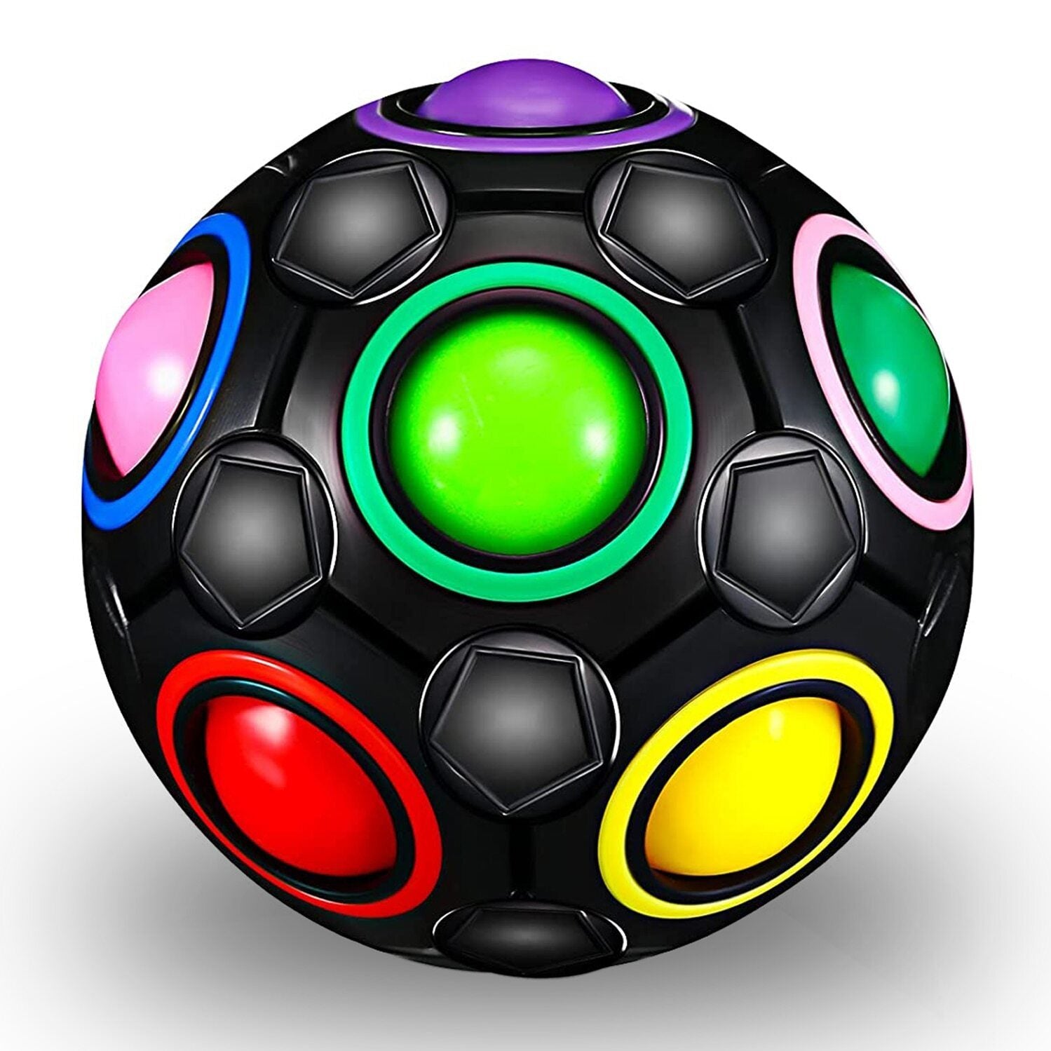 Rainbow Puzzle Ball: A vibrant jigsaw ball placed on a pristine white surface.